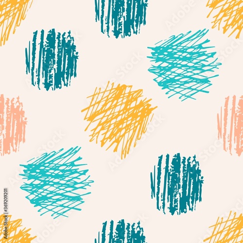 Hand-drawn vector abstract seamless pattern. Strokes, scribbles, spots of pink, blue, yellow on a light background. For printing on fabric, textile products, wrapping paper, children's design.