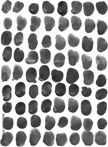 Animal print with dots and feathers. Simple white and black watercolor boho background, seamless pattern. Scandinavian style, design for wallpaper, fabric, textile, wrapping paper.