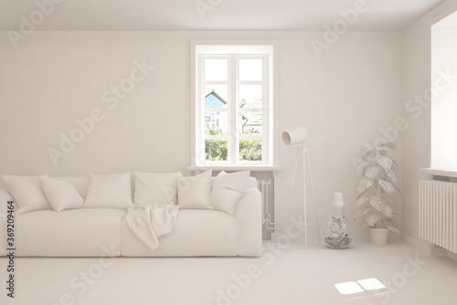 White minimalist living room with sofa. Scandinavian interior design. 3D illustration