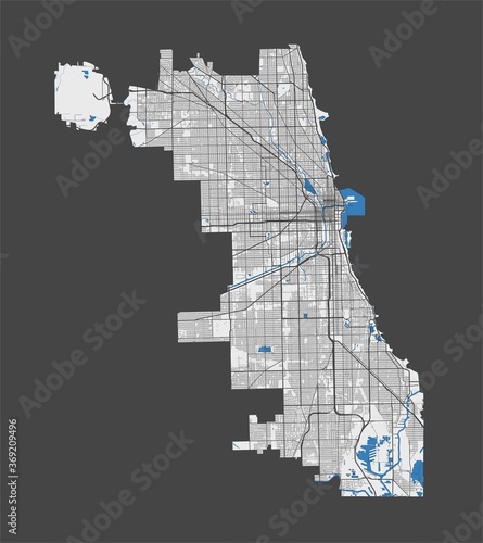 Chicago map. Detailed map of Chicago city poster with streets, water.