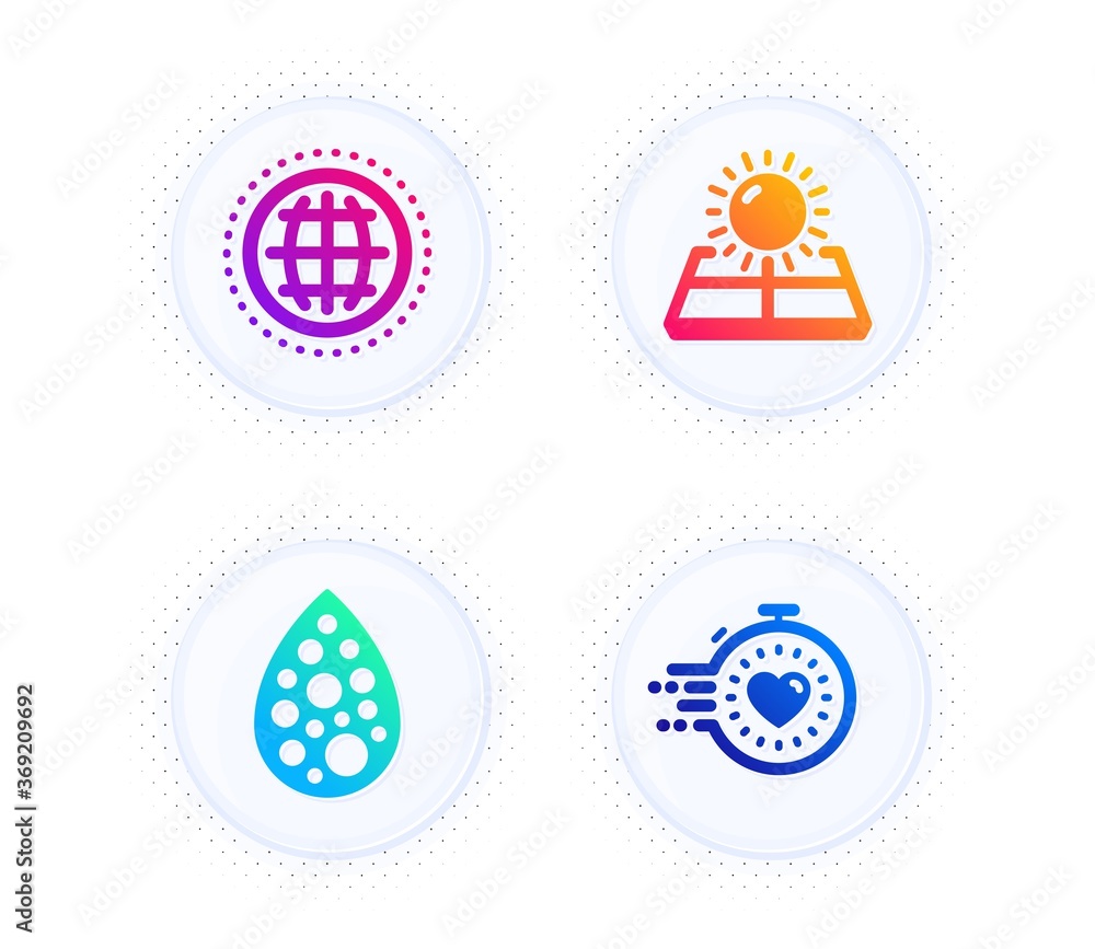 Artificial colors, Sun energy and Globe icons simple set. Button with halftone dots. Timer sign. Natural flavor, Solar panels, Internet world. Deadline management. Science set. Vector