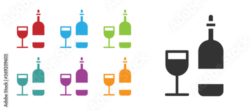 Black Wine bottle with glass icon isolated on white background. Set icons colorful. Vector Illustration.