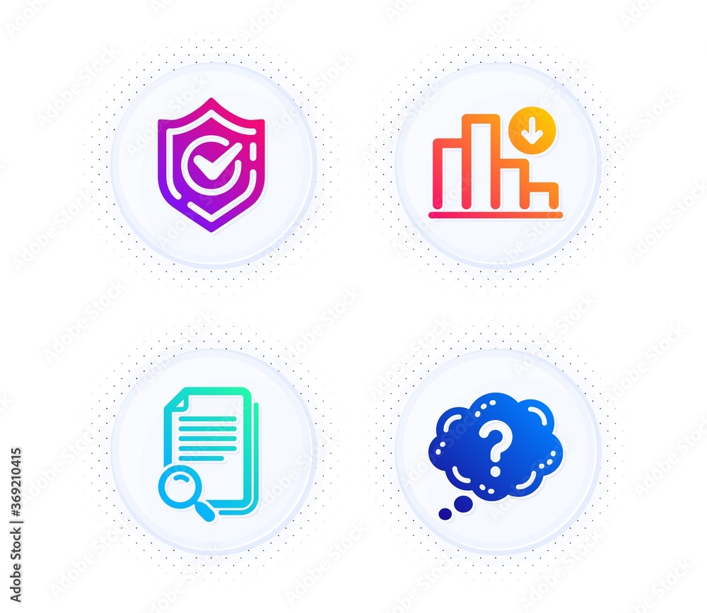 Confirmed, Decreasing graph and Search file icons simple set. Button with halftone dots. Question mark sign. Accepted message, Crisis chart, Find document. Quiz chat. Technology set. Vector