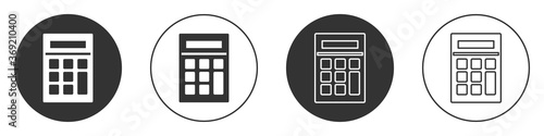 Black Calculator icon isolated on white background. Accounting symbol. Business calculations mathematics education and finance. Circle button. Vector Illustration.
