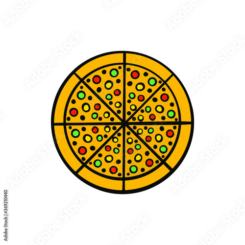 Pizza colourful icon delivery fastfood print. Tomato, cucumber, orange, red, green. Food isolated on white background.