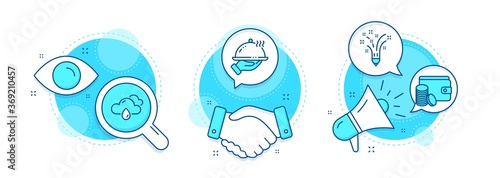 Restaurant food, Payment method and Inspiration line icons set. Handshake deal, research and promotion complex icons. Rainy weather sign. Room service, Wallet with coins, Creativity pencil. Vector