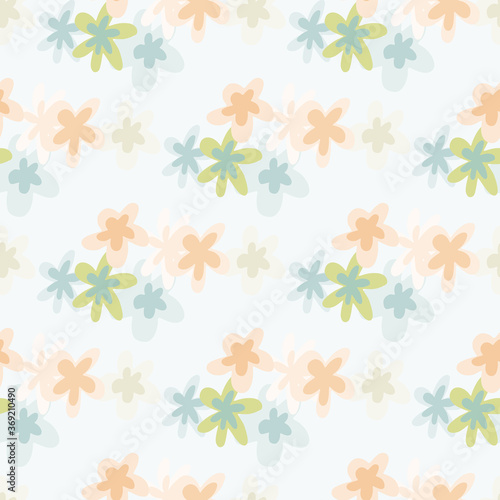 Isolated seamless floral pattern with pink and blue soft colored daisy ornament. White background.