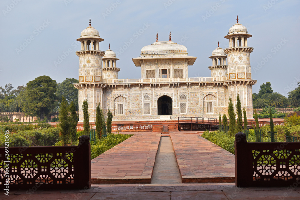 Agra, Uttar Pradesh, India, January 2020, Front view, mausoleum of Etmaduddaula or Itmad-ud-Daula tomb often regarded as a draft of the Taj Mahal