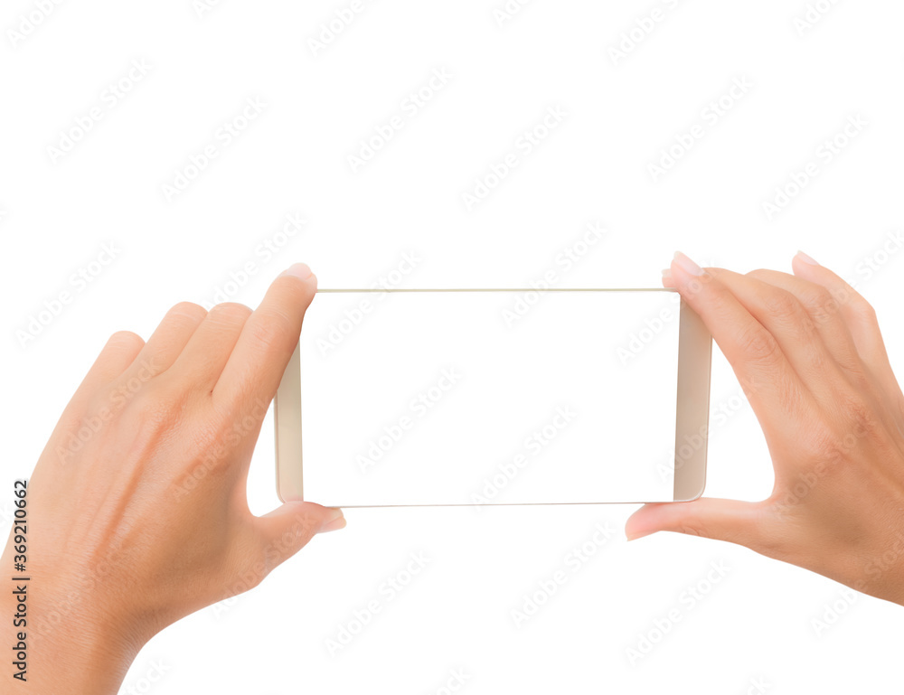 Mock up mobile concept. Hand woman holding mobile blank tuchscreen for add text. isolated on withe background. Mock up mobile concept. Hand woman holding mobile blank tuchscreen for add text. isolated on withe background.