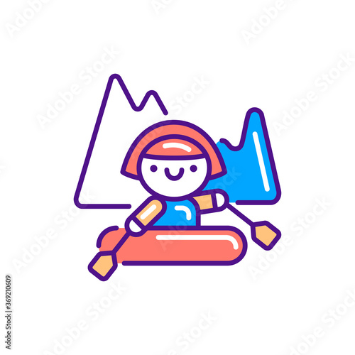 Cute girl rafting line color icon. Outdoor activities kawaii pictogram. Sign for web page, mobile app, button, logo. Vector isolated element. Editable stroke