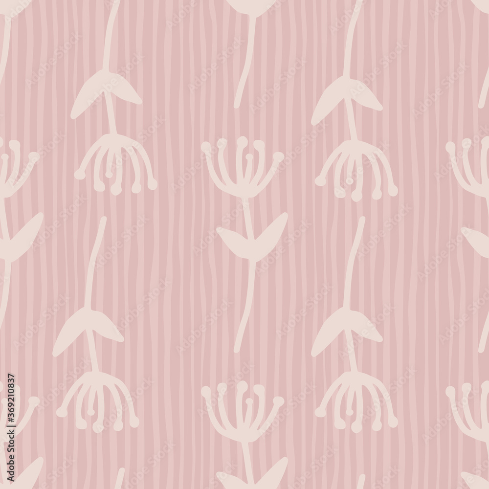 Fototapeta premium Nature seamless flowers shapes pattern. Floral motif in light tone on pink stripped background.