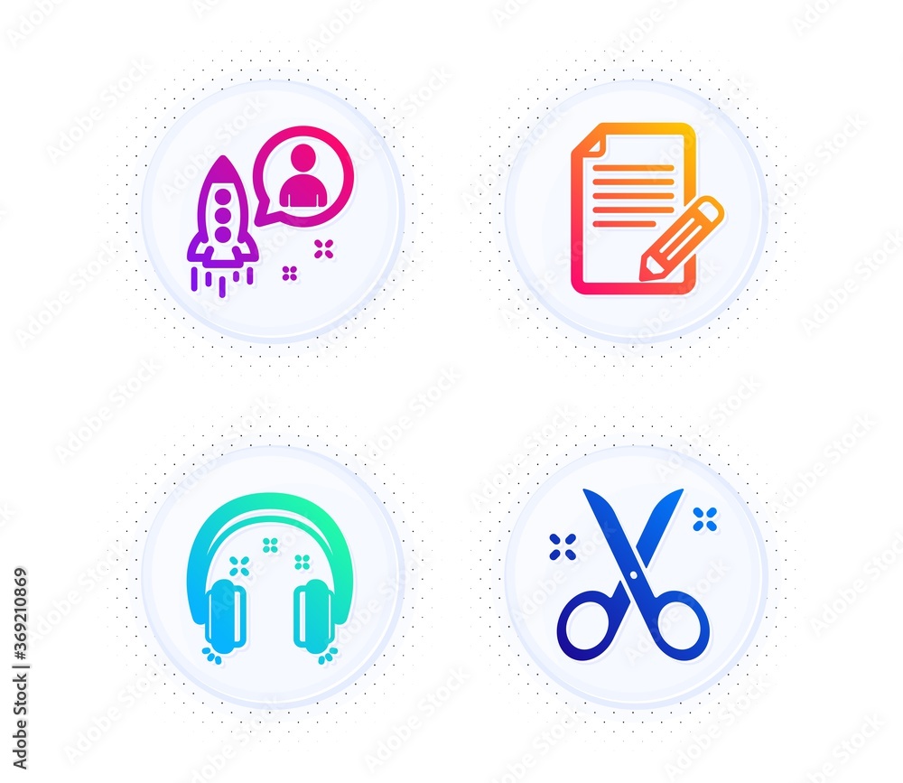 Startup, Article and Headphones icons simple set. Button with halftone dots. Scissors sign. Developer, Feedback, Earphones. Cutting tool. Education set. Gradient flat startup icon. Vector Startup, Article and Headphones icons simple set. Button with halftone dots. Scissors sign. Developer, Feedback, Earphones. Cutting tool. Education set. Gradient flat startup icon. Vector