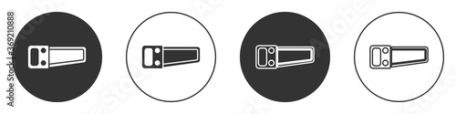 Black Hand saw icon isolated on white background. Circle button. Vector Illustration.