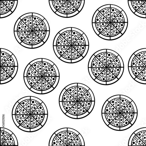 Pizza black white seamless pattern icon delivery.  Pepperoni, pizzeria isolated on white background. Print picture for cafe and restaurants.