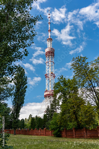 Kyiv (Kiev), Ukraine - July 31, 2020: A big and high metal tower, pipe for radio and television broadcasting 