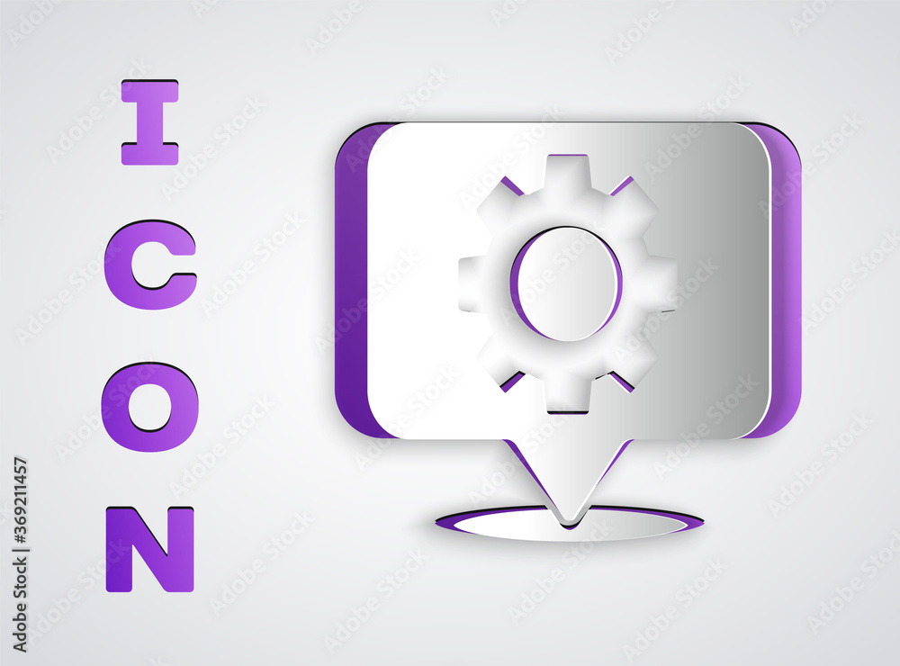Paper cut Location with gear icon isolated on grey background. Paper art style. Vector Illustration. Paper cut Location with gear icon isolated on grey background. Paper art style. Vector Illustration.