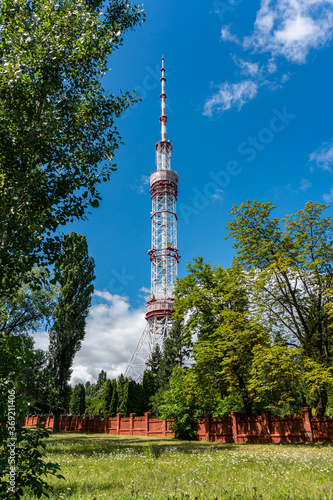Kyiv (Kiev), Ukraine - July 31, 2020: A big and high metal tower, pipe for radio and television broadcasting 