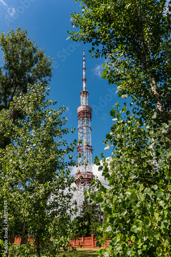 Kyiv (Kiev), Ukraine - July 31, 2020: A big and high metal tower, pipe for radio and television broadcasting 