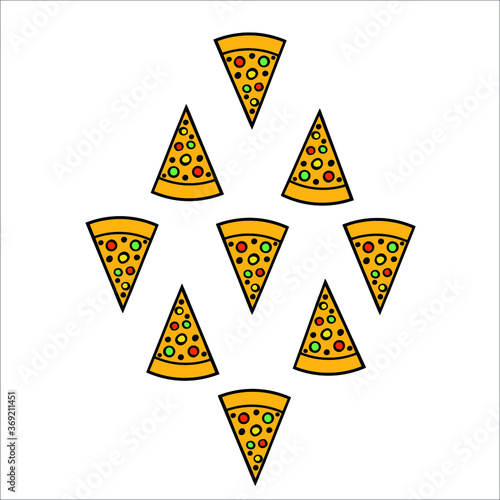 Pizza delivery. Fastfood colorful illustration. Slice of pie with vegetables. Vector logo