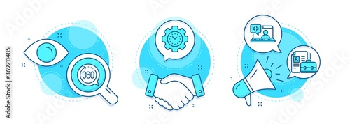 360 degrees, Vacancy and Time management line icons set. Handshake deal, research and promotion complex icons. Medical help sign. Full rotation, Hiring job, Settings. Medicine laptop. Vector