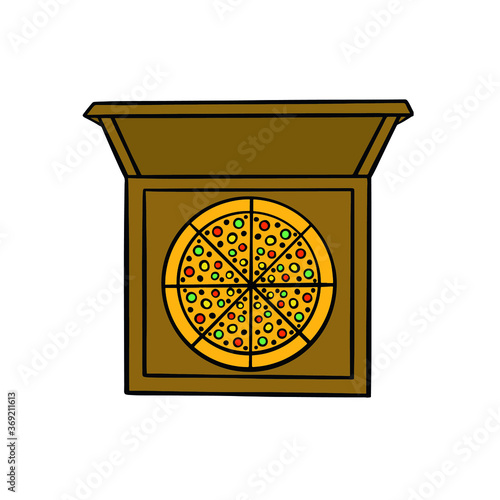 Pizza in a craft box delivery isolated on white background. Cartoon style. Fastfood colorful illustration. Pie with vegetables