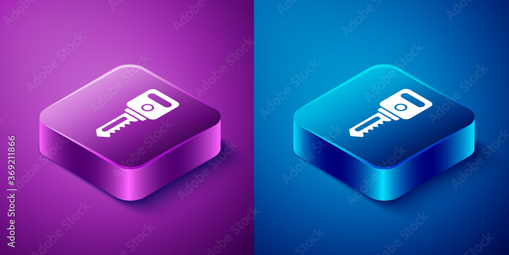 Isometric House key icon isolated on blue and purple background. Square button. Vector Illustration. Isometric House key icon isolated on blue and purple background. Square button. Vector Illustration.