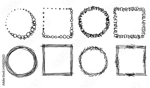 Hand-drawn simple vector set. Abstract strokes, doodles, scribbles, curlicues, square and round frames, ink, charcoal pencil. Elements for creating patterns, labels, decoration.