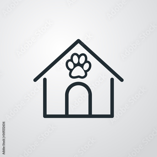 Concepto cuidado de mascotas. Icono plano lineal casa de gato con huella de pisada en fondo gris