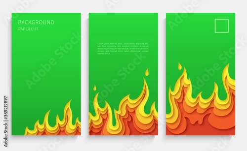 Set of green posters with fire. Layered design in paper style. Place for text. Vector illustration