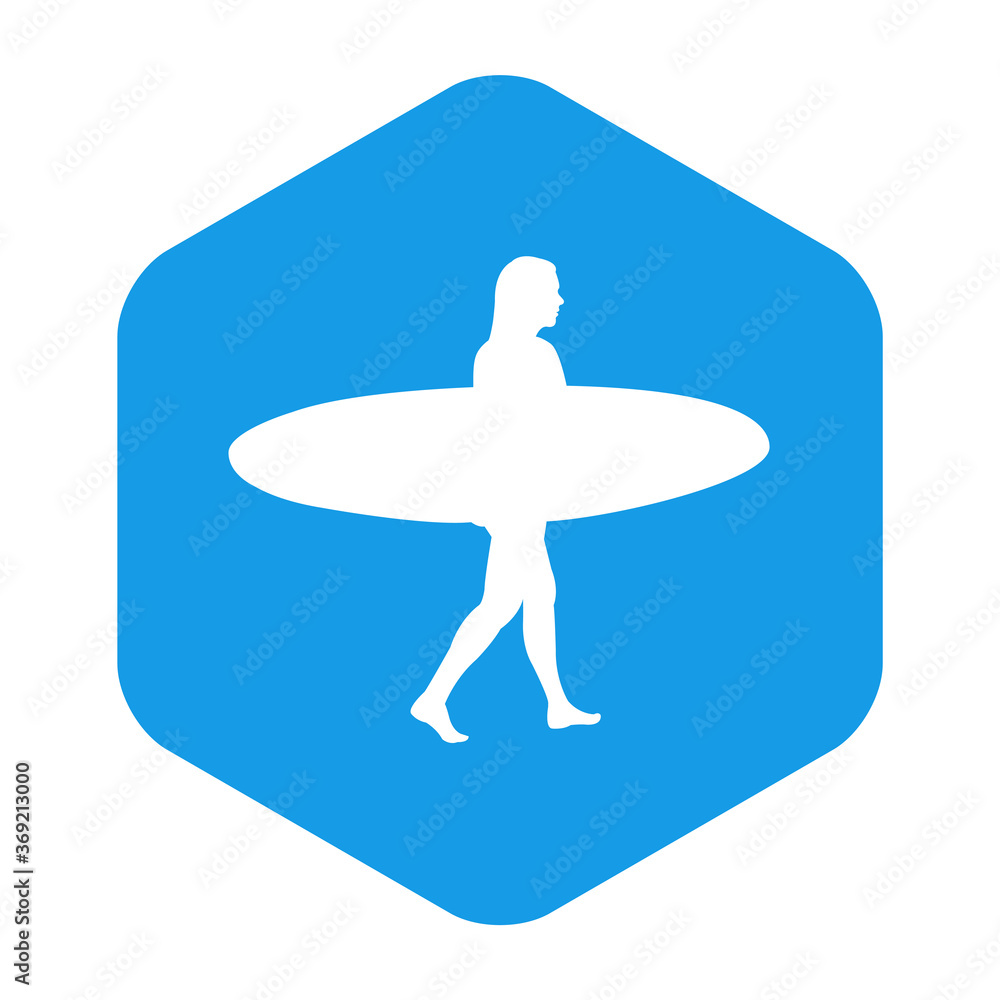 Concepto actividades para vacaciones de verano. Icono plano mujer andando con tabla de surf en hexágono de color azul Concepto actividades para vacaciones de verano. Icono plano mujer andando con tabla de surf en hexágono de color azul