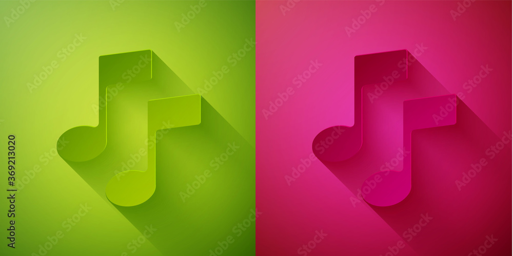 Paper cut Music note, tone icon isolated on green and pink background. Paper art style. Vector Illustration. Paper cut Music note, tone icon isolated on green and pink background. Paper art style. Vector Illustration.