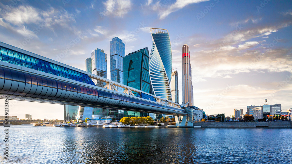 Moscow city skyscraper, Moscow International Business Centre and blue sky background with Moscow river, Architecture and landmark of Moscow, Russia.
