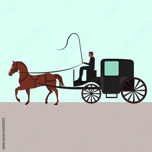 Canvas Print Four wheeled carriage or Coach with horse drawing in vector