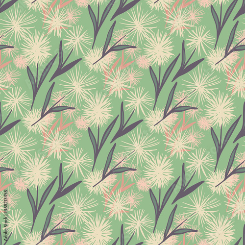 Spring dandelion seamless hand drawn pattern. Light tones flowers with purple leaves on light green background.