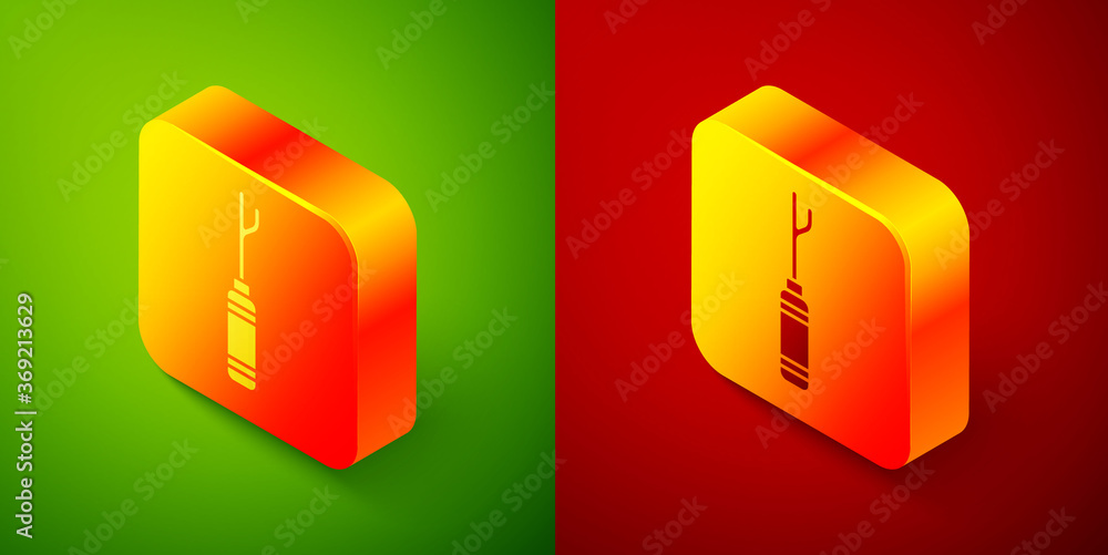 Isometric Awl tool with wooden handle icon isolated on green and red background. Work equipment tailor industry. Square button. Vector Illustration. Isometric Awl tool with wooden handle icon isolated on green and red background. Work equipment tailor industry. Square button. Vector Illustration.