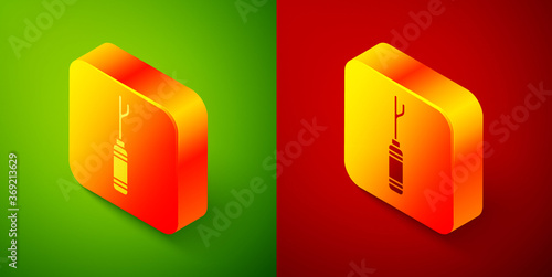 Isometric Awl tool with wooden handle icon isolated on green and red background. Work equipment tailor industry. Square button. Vector Illustration.