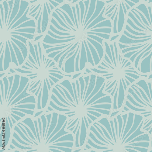 Simple outline flowers seamless pattern. Grey contoured ornament on soft blue background.