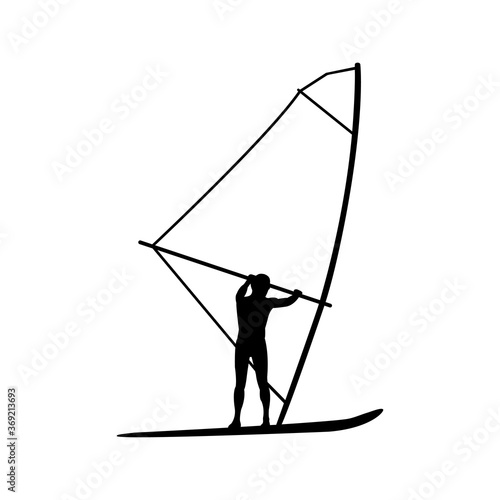 Concepto actividades para vacaciones de verano. Silueta windsurfista en color negro