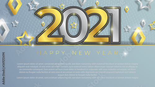 Christmas and New Year banners with 3d gold and silver trinkets. 2020 numbers with gray background and text. Vector illustration. Winter vacation