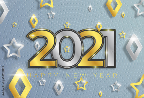 Christmas and New Year banners with 3d gold and silver trinkets. 2020 numbers with gray background. Vector illustration. Winter vacation