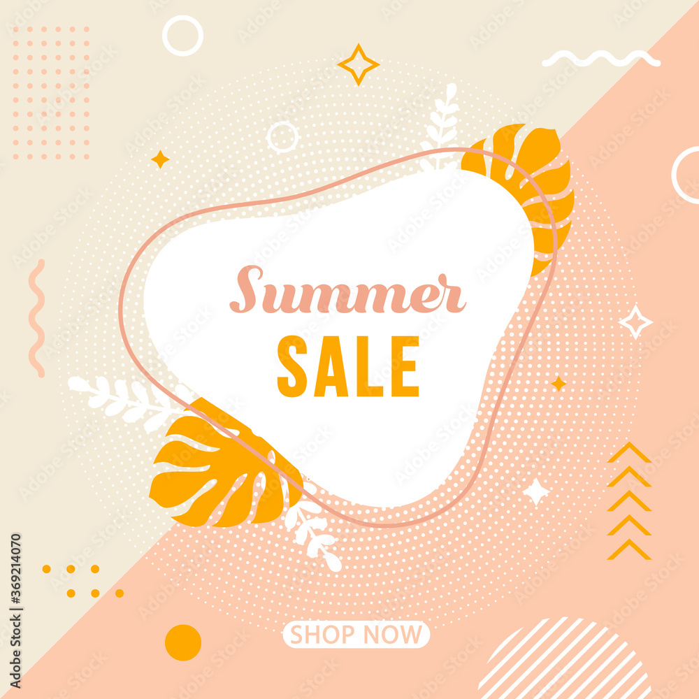 Summer sale Memphis banner. Concept advertising banner with geometric elements and tropical leaves. Vector illustration.