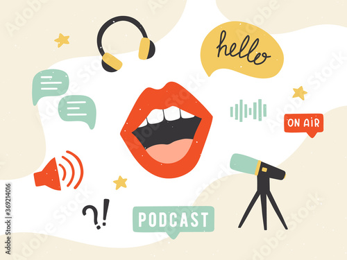 Podcast banner. Collection of podcasting symbols: microphone, headphones, loudspeaker, speech bubbles. Blogging concept. Hand drawn vector elements in trendy style.