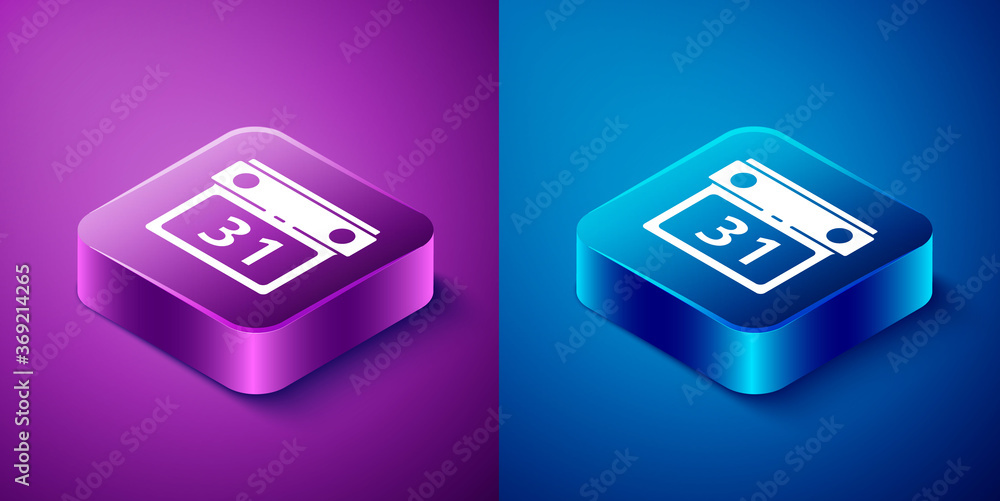 Isometric Calendar icon isolated on blue and purple background. Event reminder symbol. Square button. Vector Illustration. Isometric Calendar icon isolated on blue and purple background. Event reminder symbol. Square button. Vector Illustration.