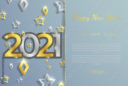 Christmas and New Year banners with hanging gold and silver 3d trinkets and 2020 figures against a gray background. Vector illustration. Geometric holidays winter holidays