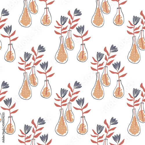 Isolated seamless pattern with flowers in a vase. White background, botanic ornament in orange and blue pastel colors. © smth.design