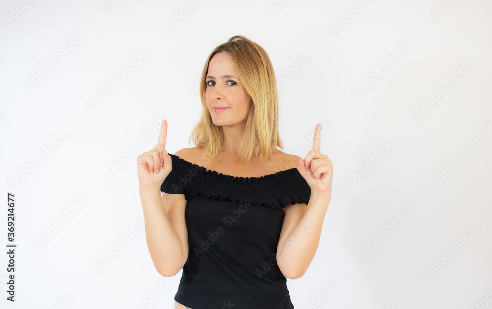 Beautiful blonde woman in black shirt smiling Beautiful blonde woman in black shirt smiling