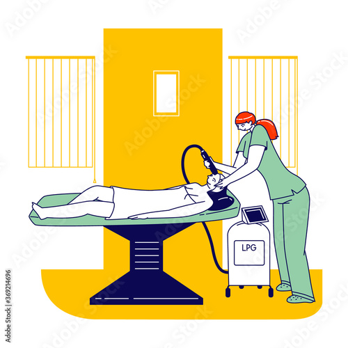 Apparatus Cosmetology, Lpg Massage. Girl Applying Facial Beauty Spa Procedure. Female Character Anti Aging Treatment
