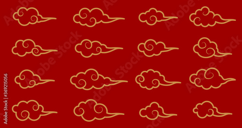 Collection of gold clouds in Chinese style. Elements of traditional oriental cloudy ornament. Vector collection. Cloud in Chinese style. Abstract golden cloudy set isolated on red background