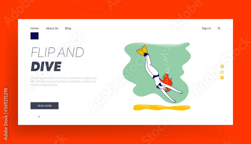 Freediving Underwater Recreation Landing Page Template. Young Female Character Dive in Ocean. Free Diving Activity