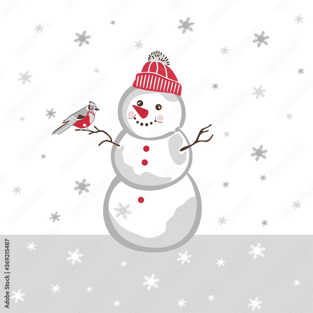 Vector illustration of a snowman in a hat with a bird on his hand branch. Winter illustration on which you can place your text. Banner, concept for Merry Christmas and Happy New Year greetings.